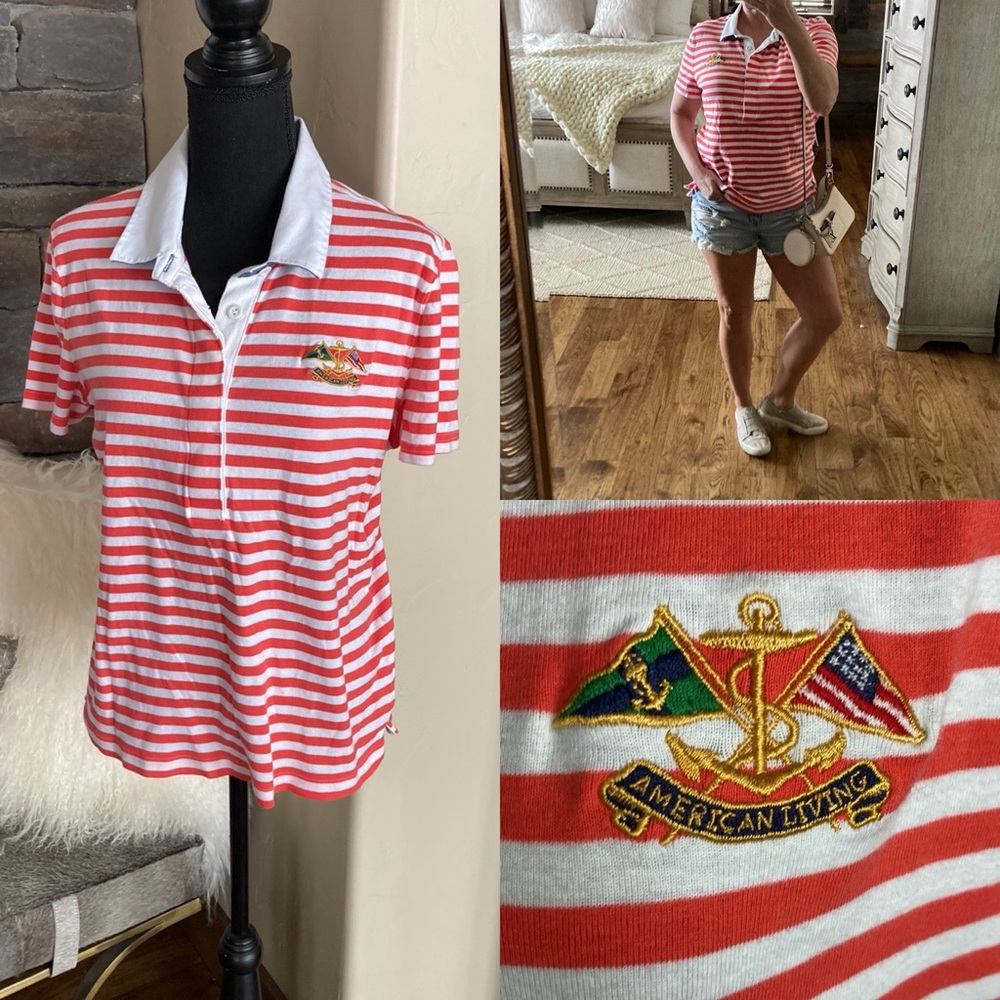 American Living Y2K Striped Nautical Polo Top
